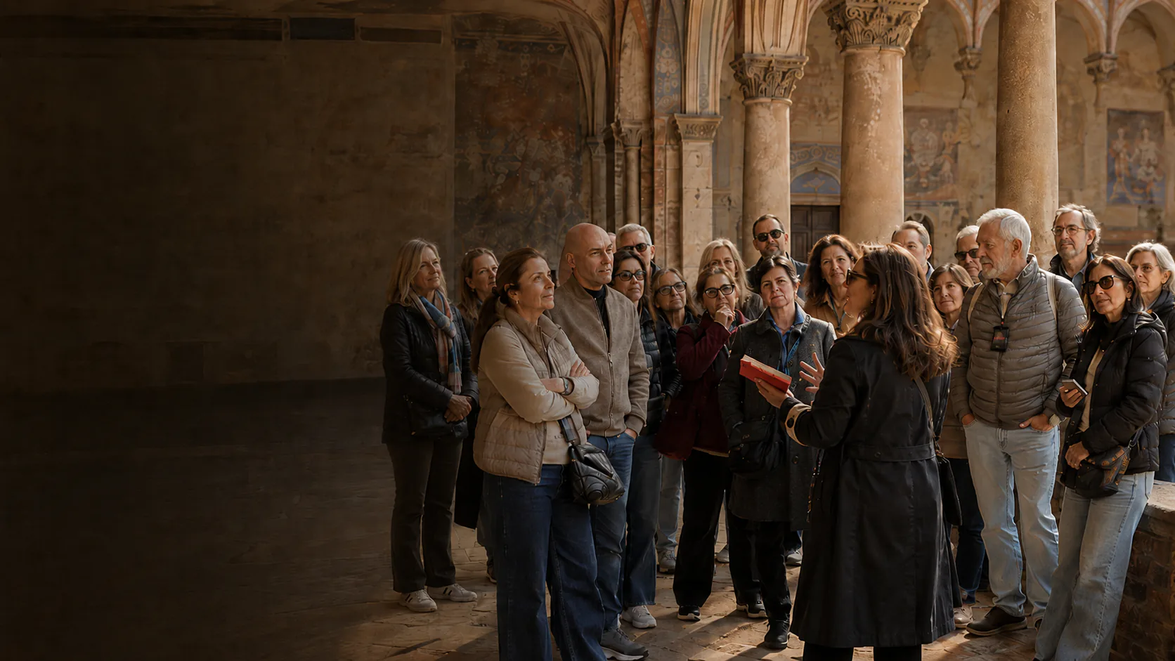 Grupo de viajeros escuchando a su especialista en el claustro de un edificio histórico.