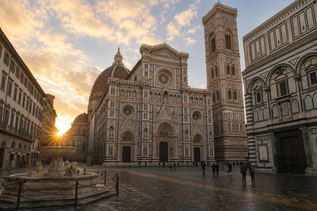 Vista de la cúpula de Brunelleschi y el centro histórico de Florencia al amanecer.