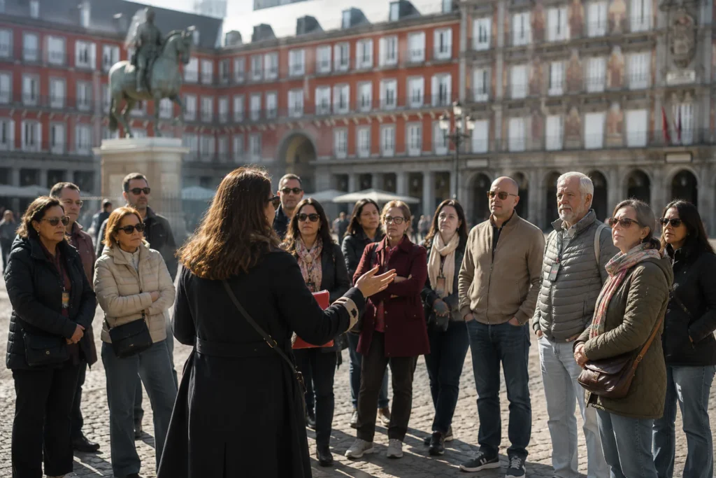 Grupo pequeño recorre la Plaza Mayor de Madrid con una especialista.
